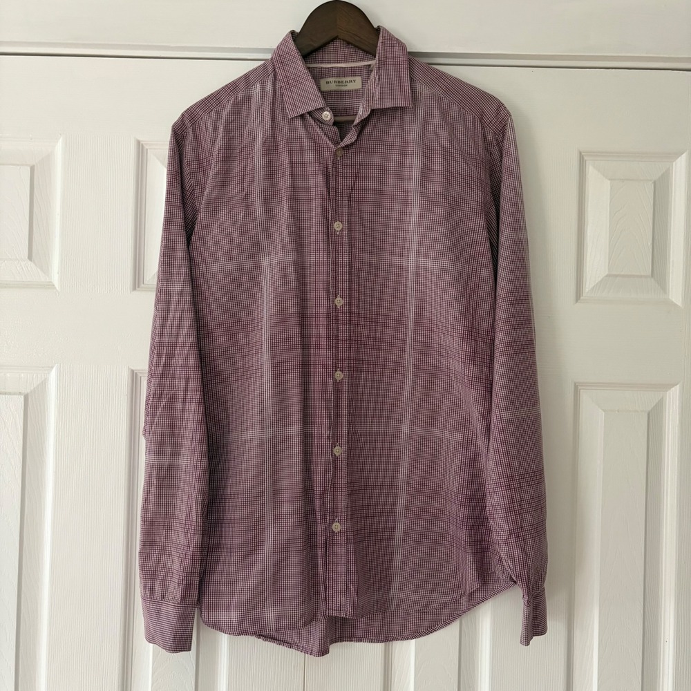 Burberry London ‎ Burgundy Micro Gingham Cotton Button Down Shirt 16.5 42 EUC